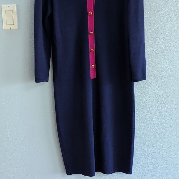 St. John Vintage Navy and Pink Button-Up Knit Sweater Dress - Picture 3 of 11
